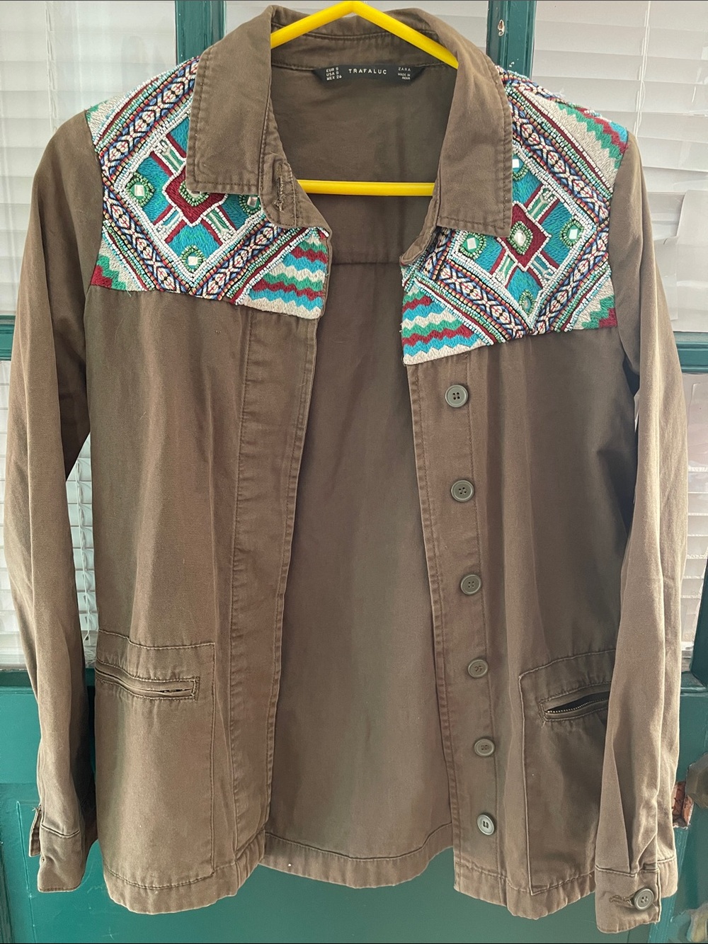 Zara Trafaluc Embroidered and Beaded Utility Jacket.